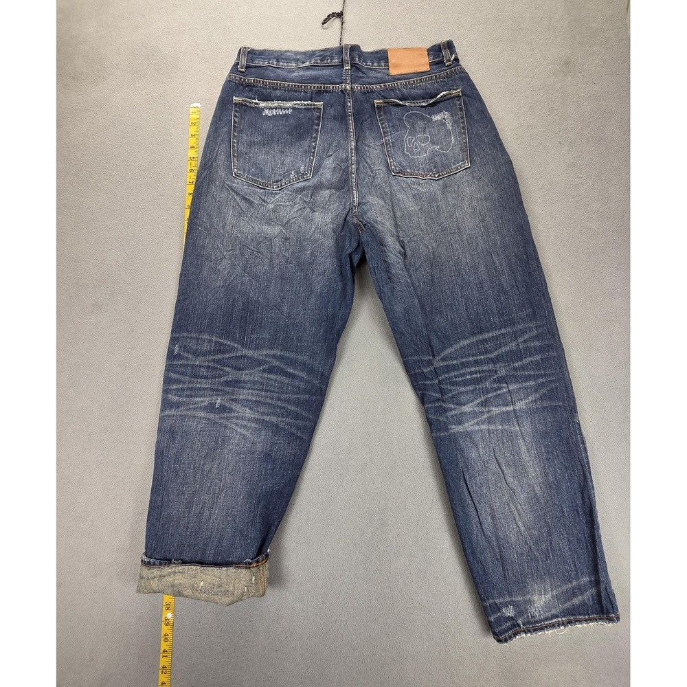 Bad Kids Jeans Mens Selvedge Blue Thrashed Honeycomb Whiskers Skull Fits 34x29 - Picture 2 of 16